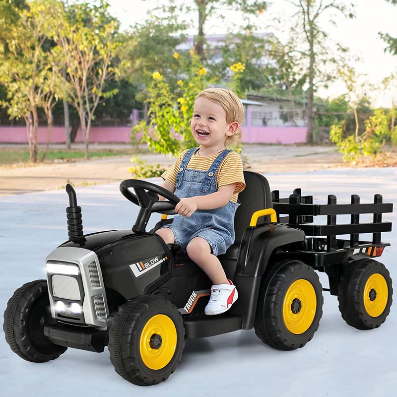 12V Kids Ride On Tractor with Detachable Trailer, 3-Gear Ground Loader & Remote Control, Riding Toy Tractor Electric Vehicle for Ages 3+