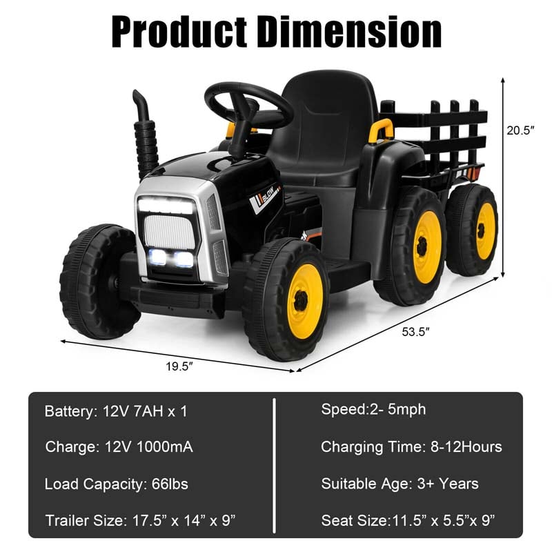 12V Kids Ride On Tractor with Detachable Trailer, 3-Gear Ground Loader & Remote Control, Riding Toy Tractor Electric Vehicle for Ages 3+