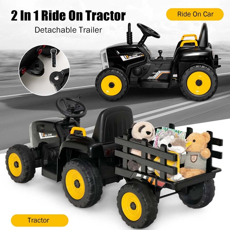 12V Kids Ride On Tractor with Detachable Trailer, 3-Gear Ground Loader & Remote Control, Riding Toy Tractor Electric Vehicle for Ages 3+