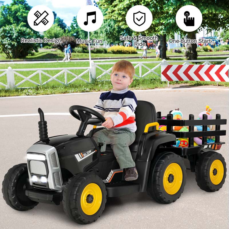 12V Kids Ride On Tractor with Detachable Trailer, 3-Gear Ground Loader & Remote Control, Riding Toy Tractor Electric Vehicle for Ages 3+