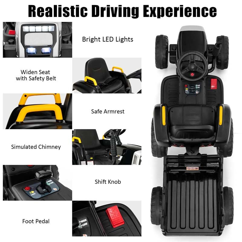 12V Kids Ride On Tractor with Detachable Trailer, 3-Gear Ground Loader & Remote Control, Riding Toy Tractor Electric Vehicle for Ages 3+