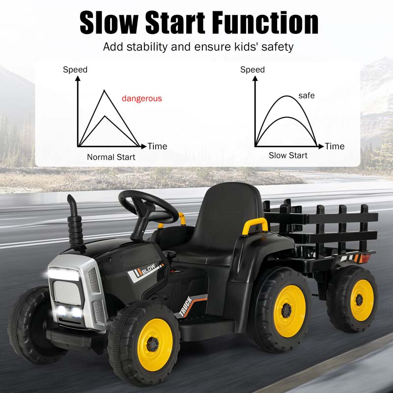 12V Kids Ride On Tractor with Detachable Trailer, 3-Gear Ground Loader & Remote Control, Riding Toy Tractor Electric Vehicle for Ages 3+