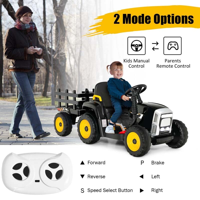12V Kids Ride On Tractor with Detachable Trailer, 3-Gear Ground Loader & Remote Control, Riding Toy Tractor Electric Vehicle for Ages 3+