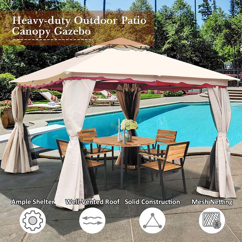 13 x 10 FT Steel Frame Patio Gazebo with Netting & Sidewalls, 2 Tier Roof Large Outdoor Canopy Gazebo Tent