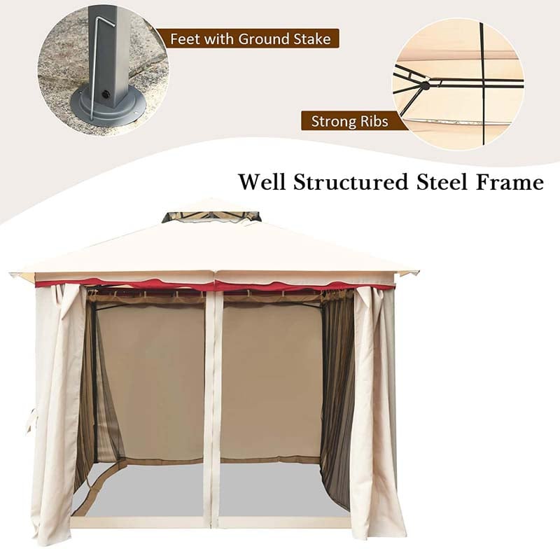 13 x 10 FT Steel Frame Patio Gazebo with Netting & Sidewalls, 2 Tier Roof Large Outdoor Canopy Gazebo Tent
