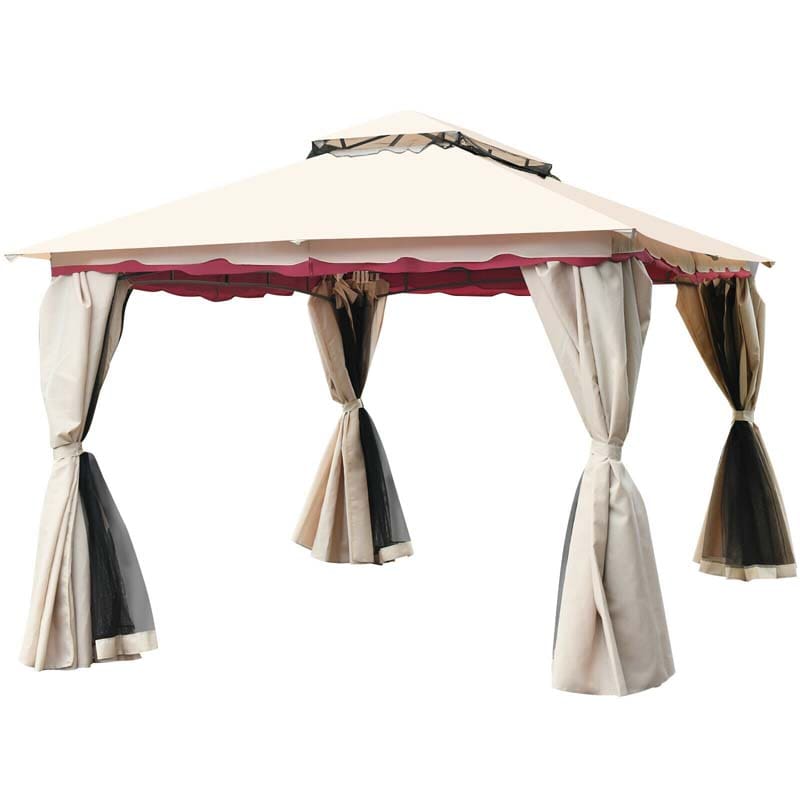 13 x 10 FT Steel Frame Patio Gazebo with Netting & Sidewalls, 2 Tier Roof Large Outdoor Canopy Gazebo Tent