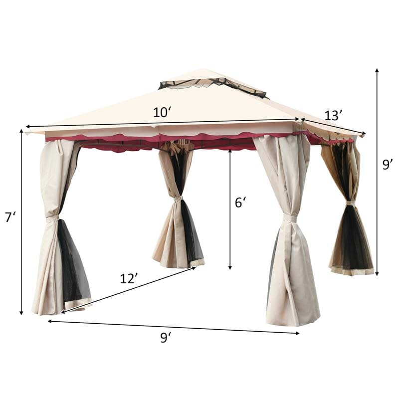 13 x 10 FT Steel Frame Patio Gazebo with Netting & Sidewalls, 2 Tier Roof Large Outdoor Canopy Gazebo Tent