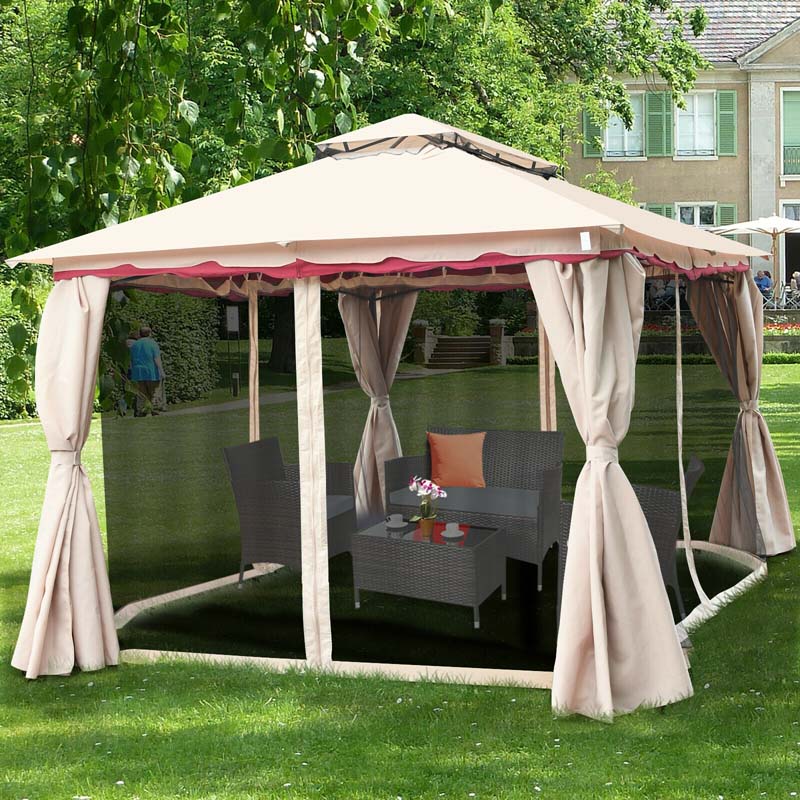 13 x 10 FT Steel Frame Patio Gazebo with Netting & Sidewalls, 2 Tier Roof Large Outdoor Canopy Gazebo Tent