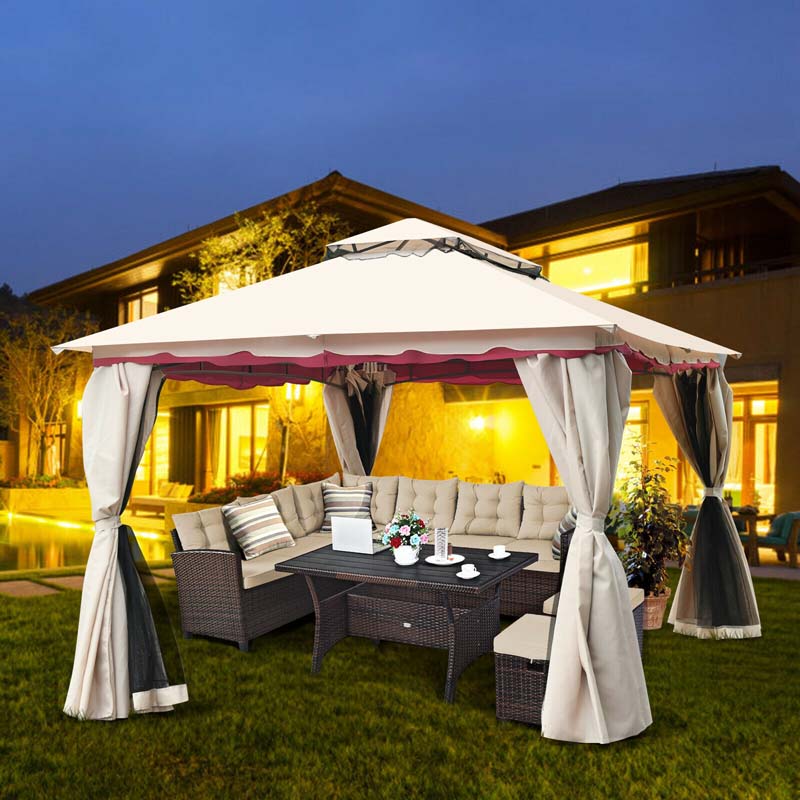13 x 10 FT Steel Frame Patio Gazebo with Netting & Sidewalls, 2 Tier Roof Large Outdoor Canopy Gazebo Tent