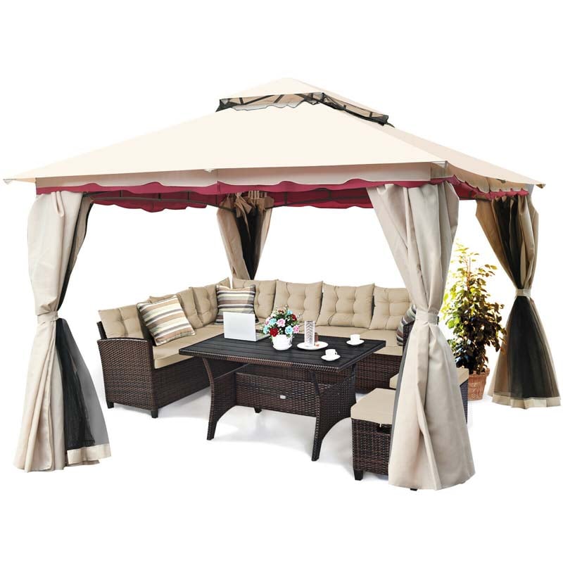13 x 10 FT Steel Frame Patio Gazebo with Netting & Sidewalls, 2 Tier Roof Large Outdoor Canopy Gazebo Tent