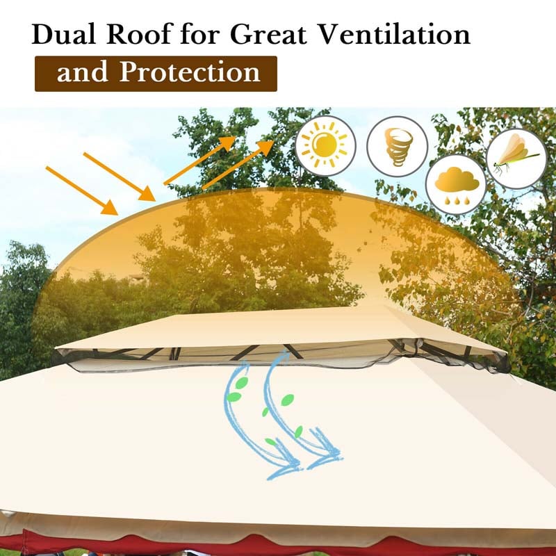 13 x 10 FT Steel Frame Patio Gazebo with Netting & Sidewalls, 2 Tier Roof Large Outdoor Canopy Gazebo Tent