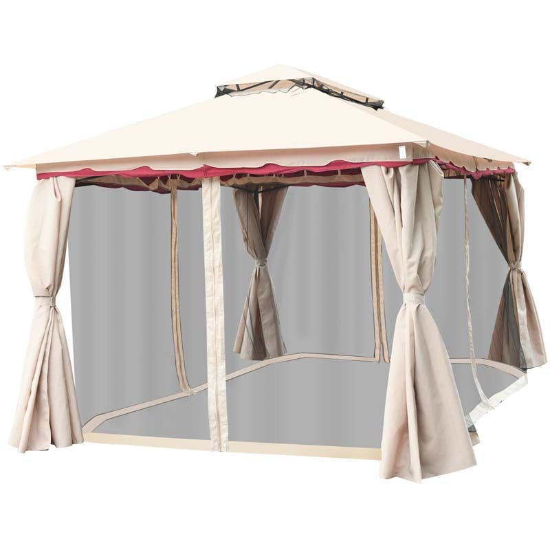 13 x 10 FT Steel Frame Patio Gazebo with Netting & Sidewalls, 2 Tier Roof Large Outdoor Canopy Gazebo Tent