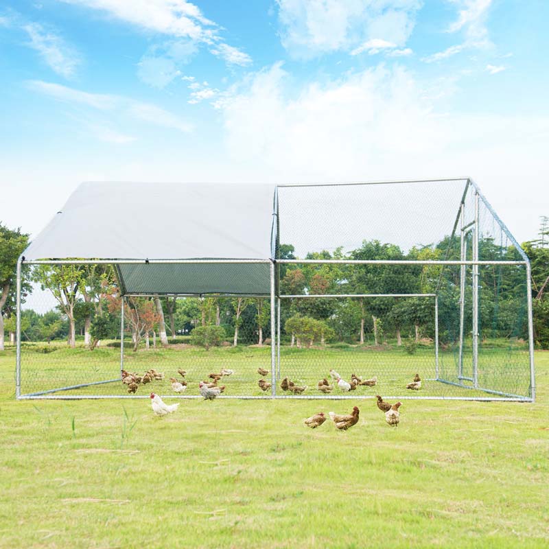 13 FT Galvanized Metal Large Walk-in Chicken Coop Cage Runs Hen House with Cover & Lockable Door