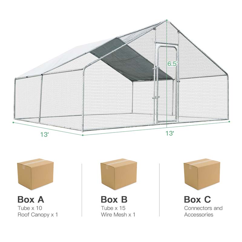 13 FT Galvanized Metal Large Walk-in Chicken Coop Cage Runs Hen House with Cover & Lockable Door