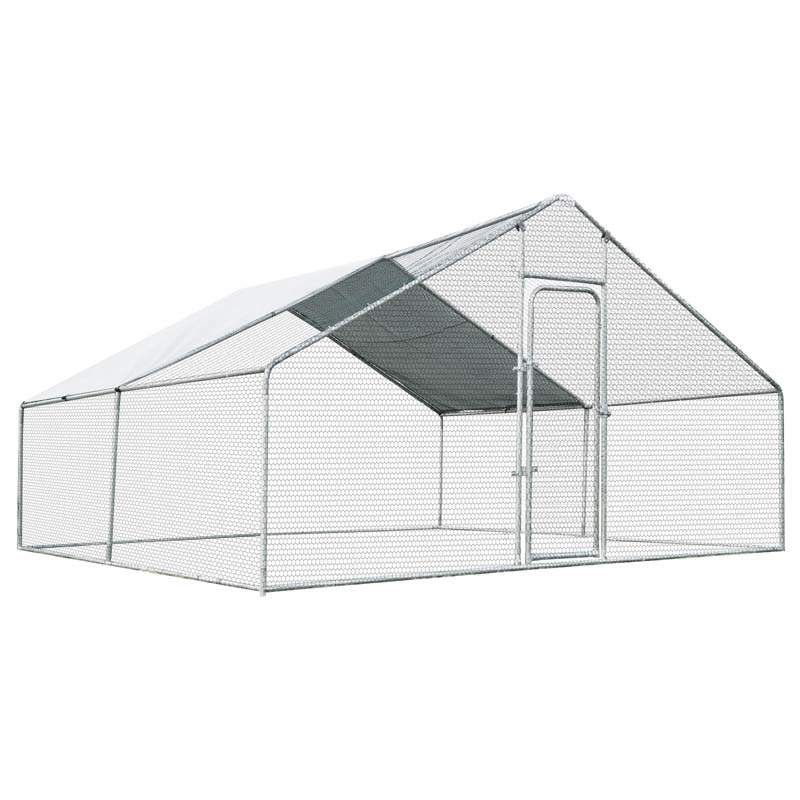 13 FT Galvanized Metal Large Walk-in Chicken Coop Cage Runs Hen House with Cover & Lockable Door