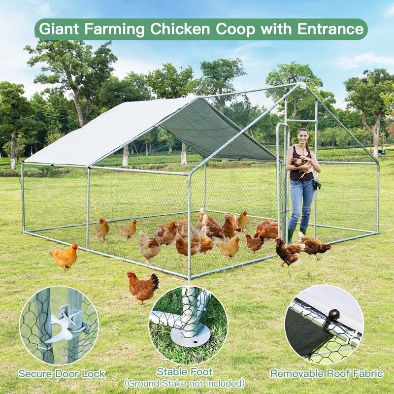 13FT Large Metal Chicken Coop, Galvanized Steel Walk-in Poultry Cage Hen Run House Rabbits Habitat Cage with Waterproof Cover for Backyard Farm