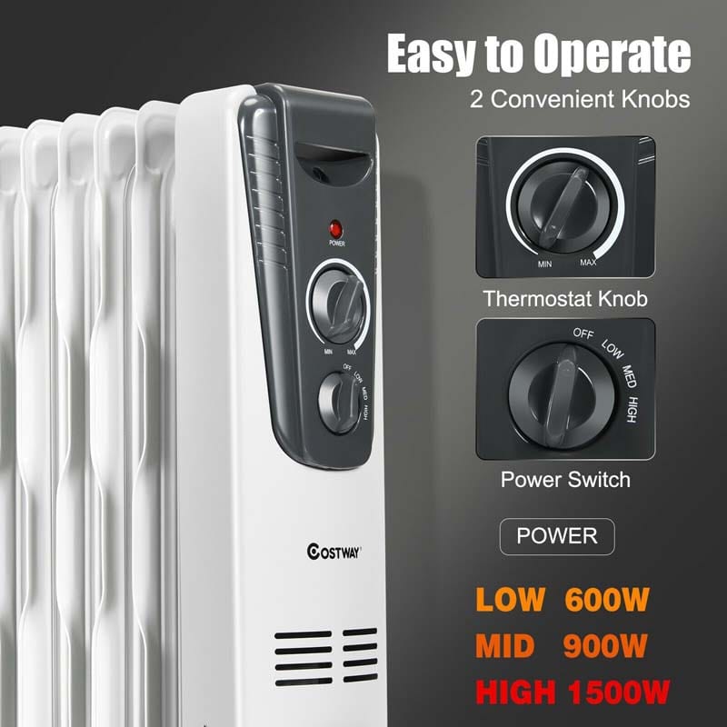 1500W Oil Filled Radiator Heater with Adjustable Thermostat, 3 Heat Settings & Safety Shut-Off, Portable Electric Space Heater for Bedroom Home Office
