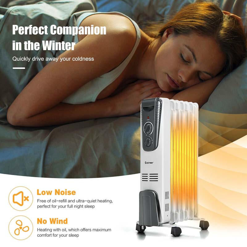 1500W Oil Filled Radiator Heater with Adjustable Thermostat, 3 Heat Settings & Safety Shut-Off, Portable Electric Space Heater for Bedroom Home Office
