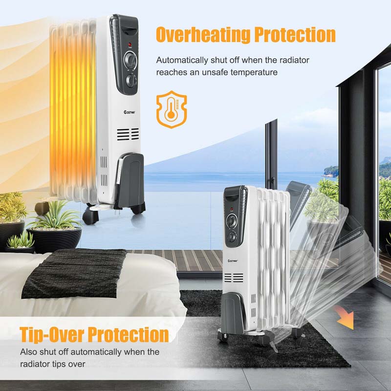 1500W Oil Filled Radiator Heater with Adjustable Thermostat, 3 Heat Settings & Safety Shut-Off, Portable Electric Space Heater for Bedroom Home Office