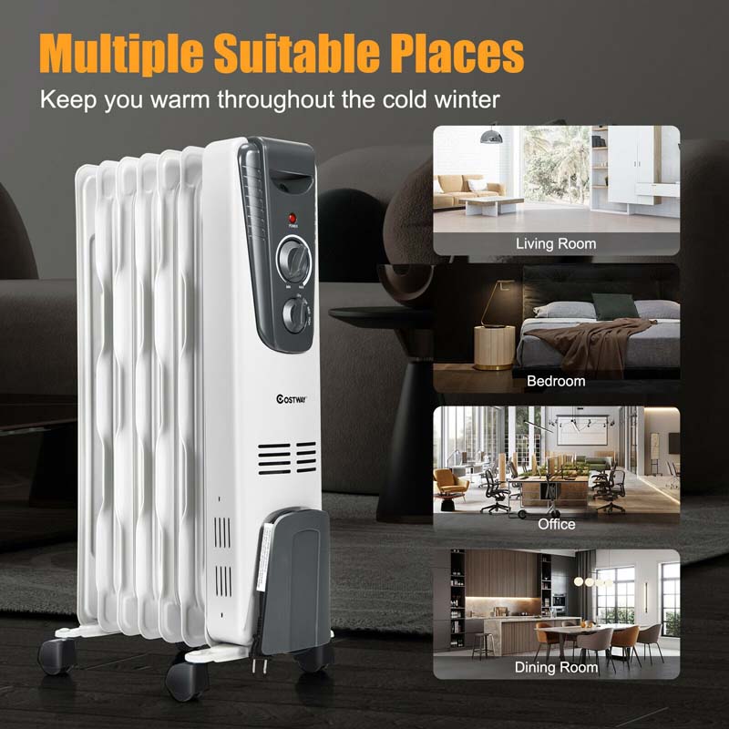 1500W Oil Filled Radiator Heater with Adjustable Thermostat, 3 Heat Settings & Safety Shut-Off, Portable Electric Space Heater for Bedroom Home Office