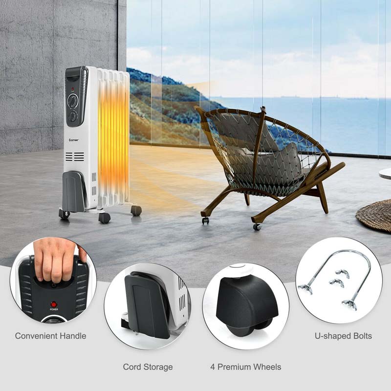 1500W Oil Filled Radiator Heater with Adjustable Thermostat, 3 Heat Settings & Safety Shut-Off, Portable Electric Space Heater for Bedroom Home Office