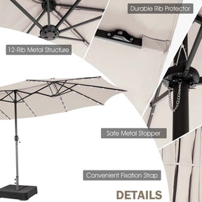 15 FT Double-Sided Patio Umbrella with 48 Solar Lights, Extra-Large Outdoor Twin Market Umbrella with Base