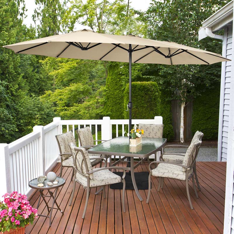 15FT Double-Sided Twin Patio Umbrella with Base & Crank System, Extra-Large Cantilever Market Umbrella