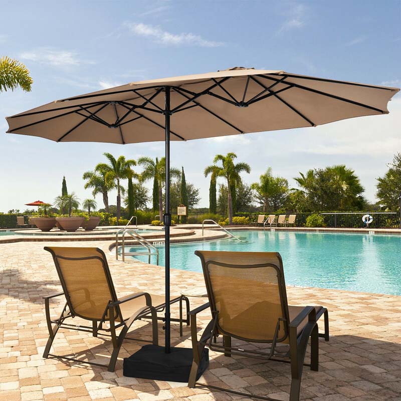 15 Feet Double-Sided Twin Patio Umbrella with Crank and Base Coffee in Outdoor Market-Coffee 15 Feet Double-Sided Twin Patio Umbrella with Crank and Base Coffee in Outdoor Market-Coffee