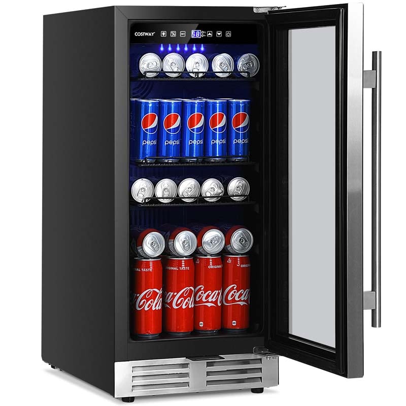 15" 100 Can Wine Beverage Cooler Refrigerator Built-in or Freestanding Beer Wine Fridge with Glass Door