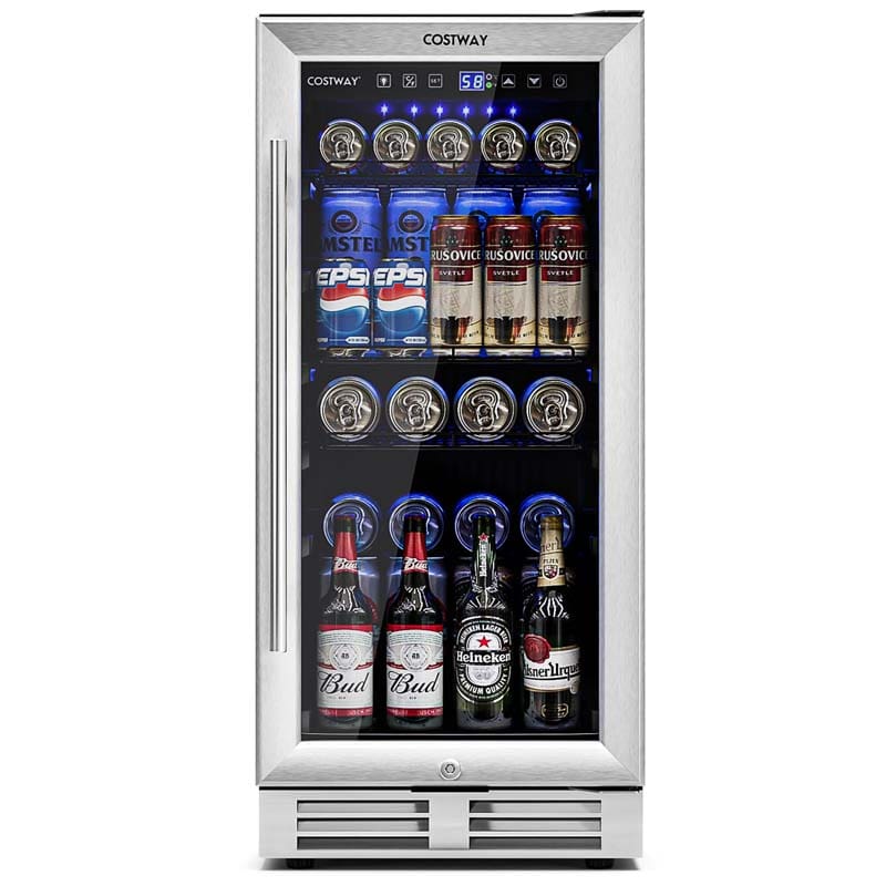 15" 100 Can Wine Beverage Cooler Refrigerator Built-in or Freestanding Beer Wine Fridge with Glass Door