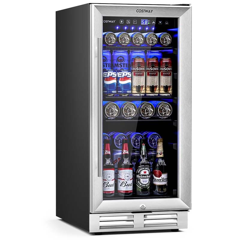 15" 100 Can Wine Beverage Cooler Refrigerator Built-in or Freestanding Beer Wine Fridge with Glass Door