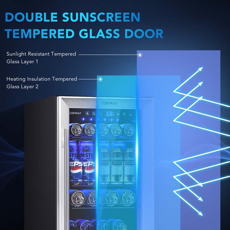 15" 100 Can Wine Beverage Cooler Refrigerator Built-in or Freestanding Beer Wine Fridge with Glass Door