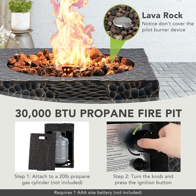 16" Square Outdoor Propane Fire Pit, 30000 BTU Gas Fire Pit with Lava Rocks & Waterproof Cover