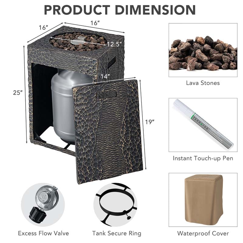 16" Square Outdoor Propane Fire Pit, 30000 BTU Gas Fire Pit with Lava Rocks & Waterproof Cover