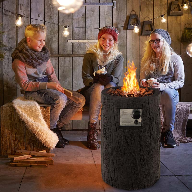 16" Cylindrical Outdoor Patio Firepit, 30000 BTU Auto-Ignition Propane Gas Fire Pit with Cover & Lava Rocks