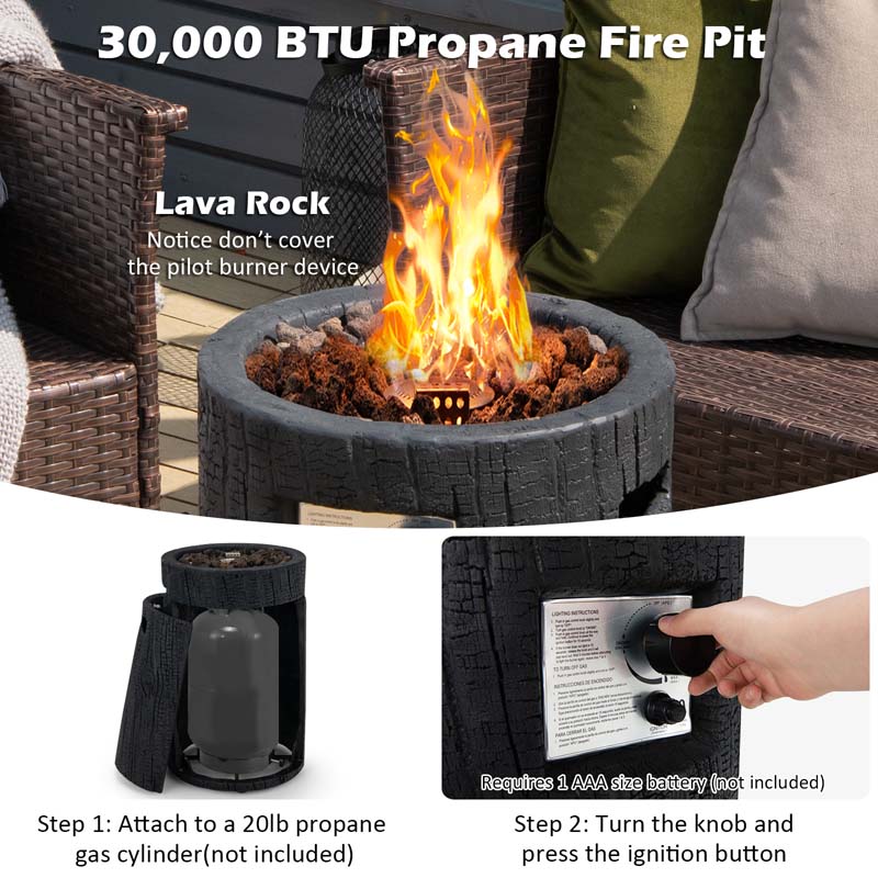 16" Cylindrical Outdoor Patio Firepit, 30000 BTU Auto-Ignition Propane Gas Fire Pit with Cover & Lava Rocks