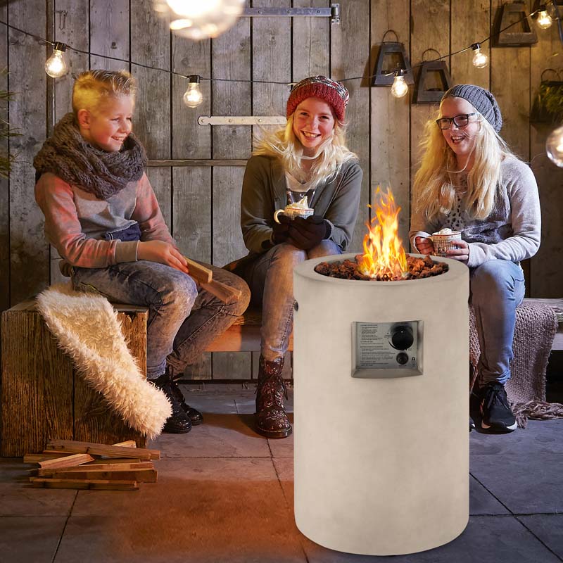 16" Cylindrical Outdoor Patio Firepit, 30000 BTU Auto-Ignition Propane Gas Fire Pit with Cover & Lava Rocks