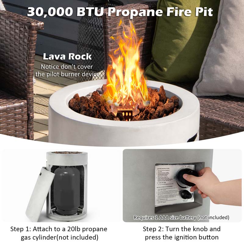 16" Cylindrical Outdoor Patio Firepit, 30000 BTU Auto-Ignition Propane Gas Fire Pit with Cover & Lava Rocks