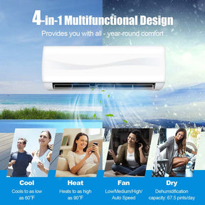 18000BTU Ductless Mini Split Air Conditioner 208-230V 19 SEER2 Wall-Mounted Inverter AC Unit with Heat Pump