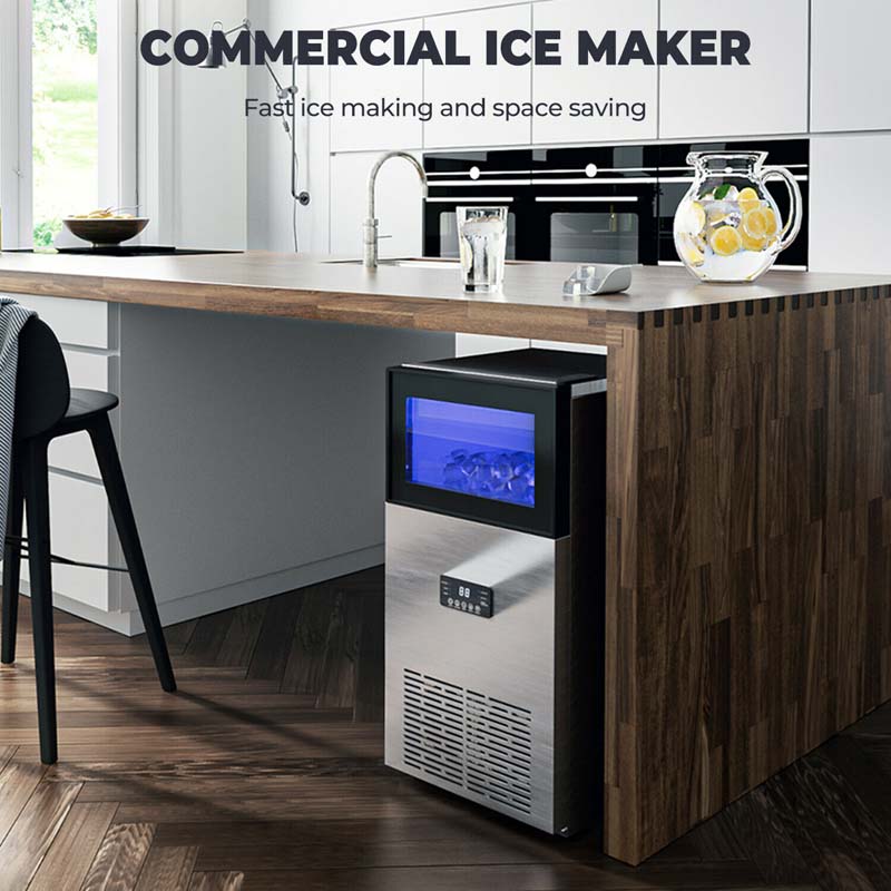 180LBS/24H Commercial Ice Maker with 35LBS Ice Storage Bin, Self-Cleaning Stainless Steel Under Counter Freestanding Ice Machine