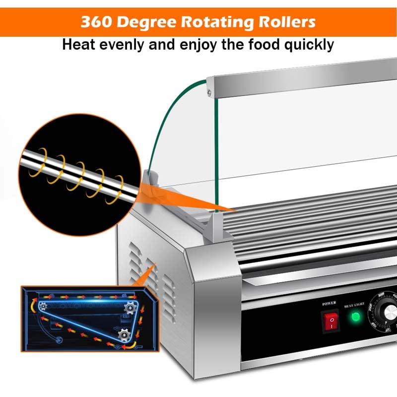 18 Hot Dog Roller Machine, Electric Sausage Grill with 7 Non-Stick Rollers, Glass Hood Cover & Removable Drip Tray for Household & Commercial Use