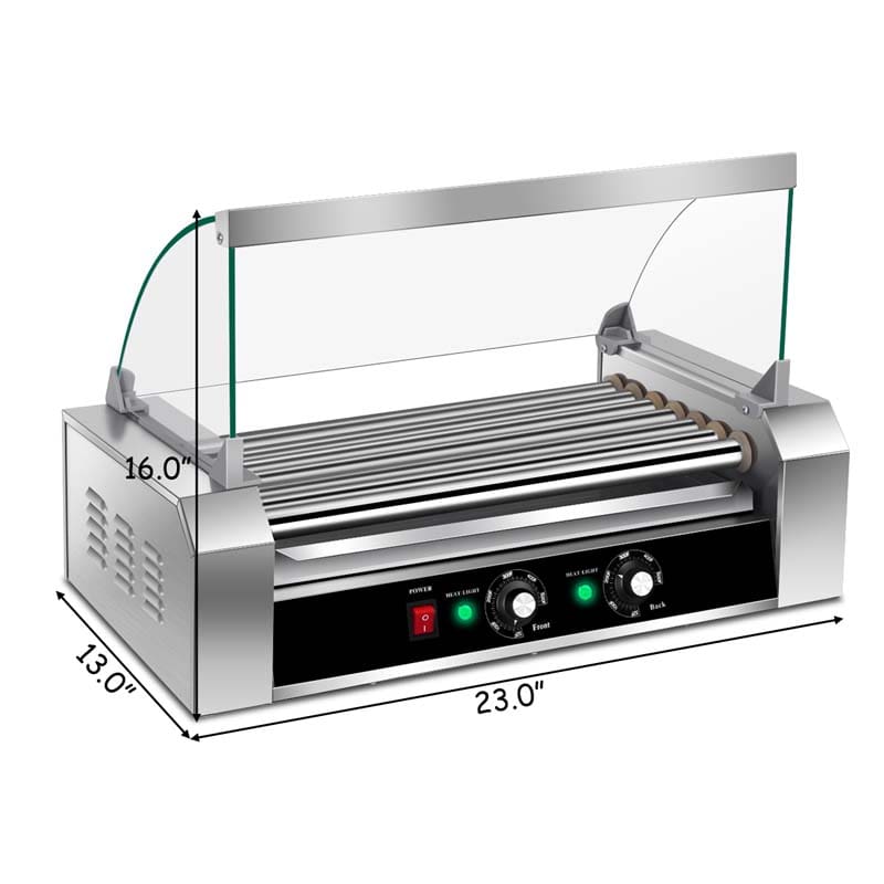 18 Hot Dog Roller Machine, Electric Sausage Grill with 7 Non-Stick Rollers, Glass Hood Cover & Removable Drip Tray for Household & Commercial Use