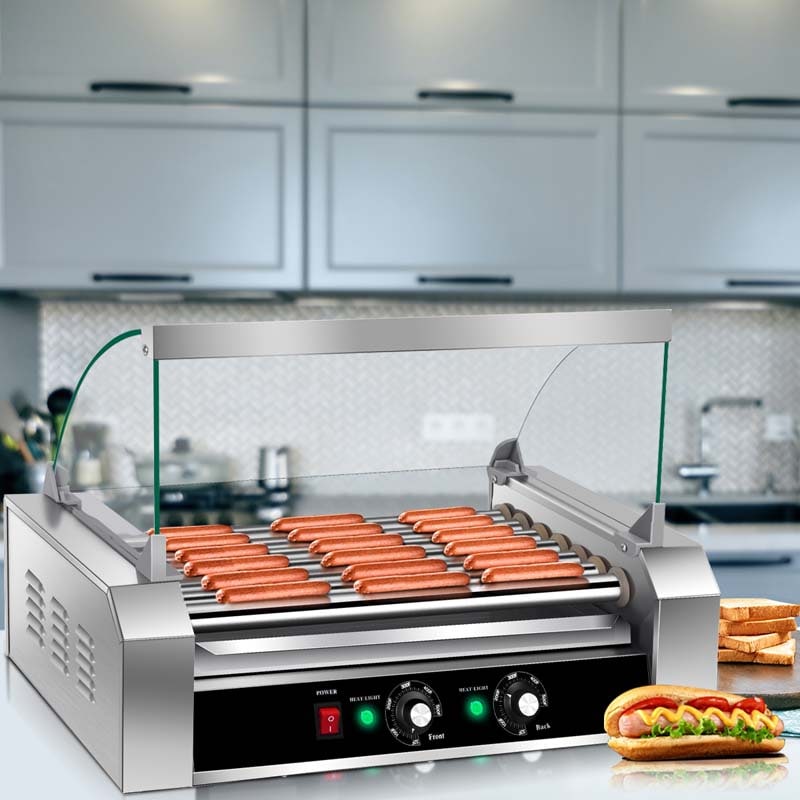 18 Hot Dog Roller Machine, Electric Sausage Grill with 7 Non-Stick Rollers, Glass Hood Cover & Removable Drip Tray for Household & Commercial Use
