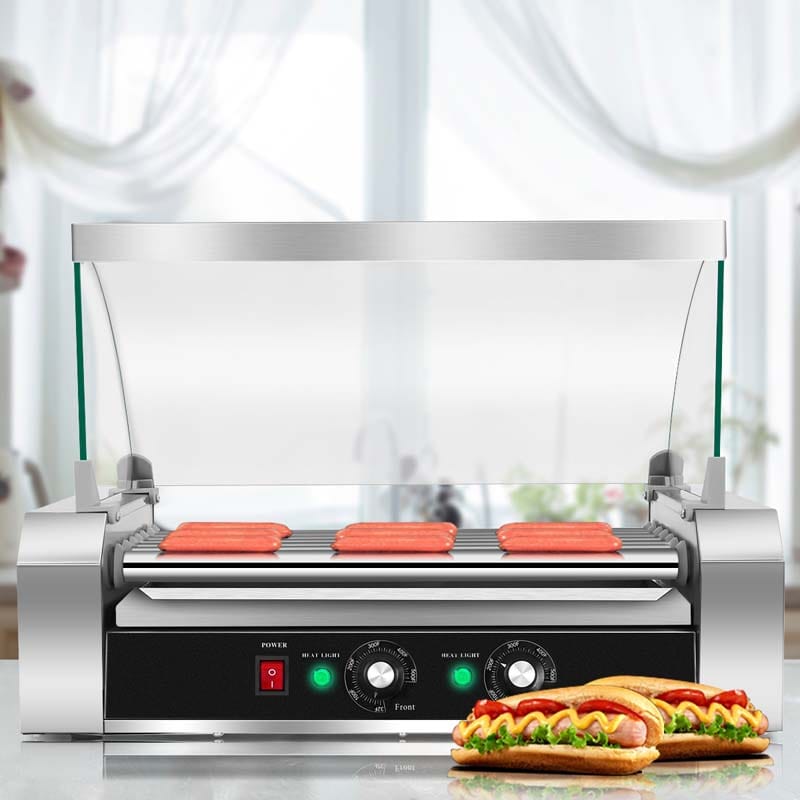 18 Hot Dog Roller Machine, Electric Sausage Grill with 7 Non-Stick Rollers, Glass Hood Cover & Removable Drip Tray for Household & Commercial Use