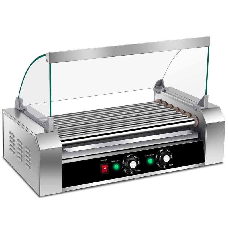 18 Hot Dog Roller Machine, Electric Sausage Grill with 7 Non-Stick Rollers, Glass Hood Cover & Removable Drip Tray for Household & Commercial Use