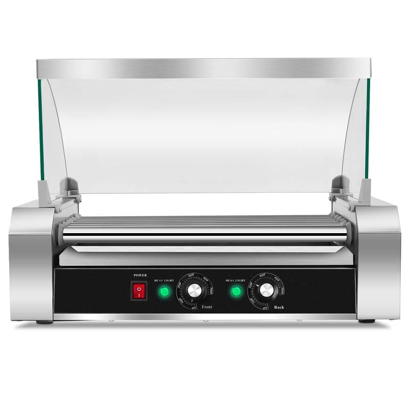 18 Hot Dog Roller Machine, Electric Sausage Grill with 7 Non-Stick Rollers, Glass Hood Cover & Removable Drip Tray for Household & Commercial Use