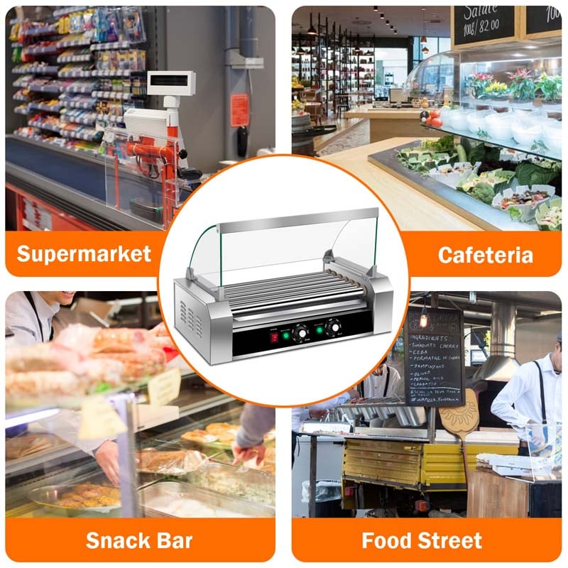 18 Hot Dog Roller Machine, Electric Sausage Grill with 7 Non-Stick Rollers, Glass Hood Cover & Removable Drip Tray for Household & Commercial Use