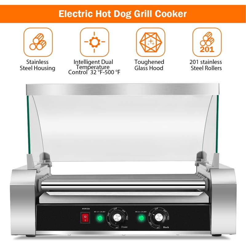 18 Hot Dog Roller Machine, Electric Sausage Grill with 7 Non-Stick Rollers, Glass Hood Cover & Removable Drip Tray for Household & Commercial Use