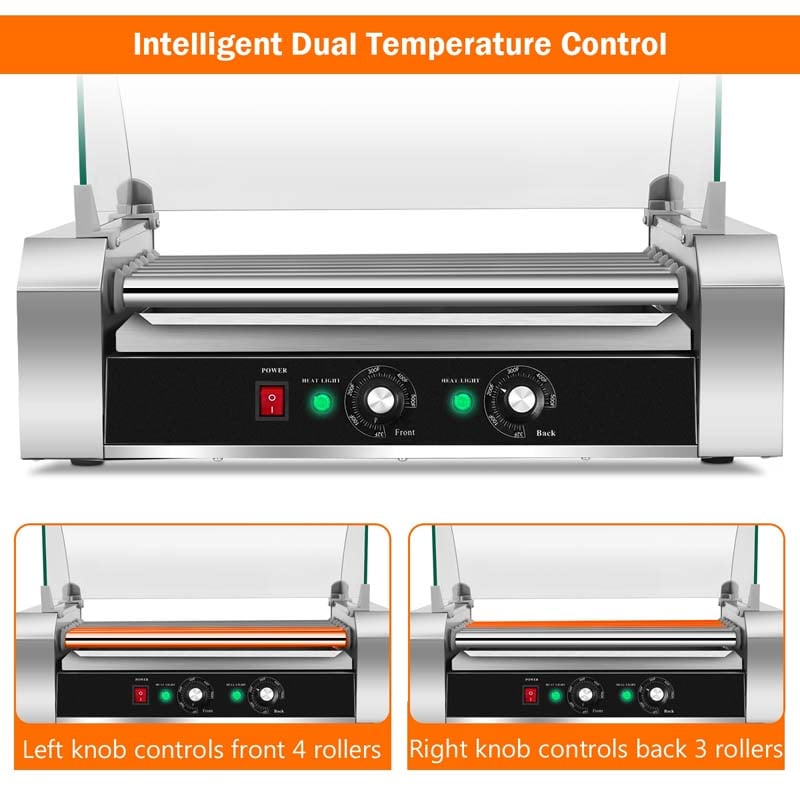 18 Hot Dog Roller Machine, Electric Sausage Grill with 7 Non-Stick Rollers, Glass Hood Cover & Removable Drip Tray for Household & Commercial Use