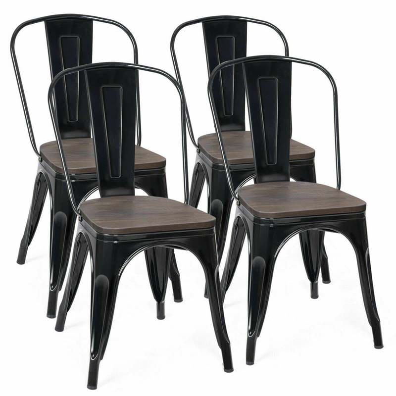 Set of 4 Industrial Vintage Stackable Metal Chairs, 18" Counter Bar Dining Chairs with High Backrest & Wood Seat for Home Kitchen Cafe Bar